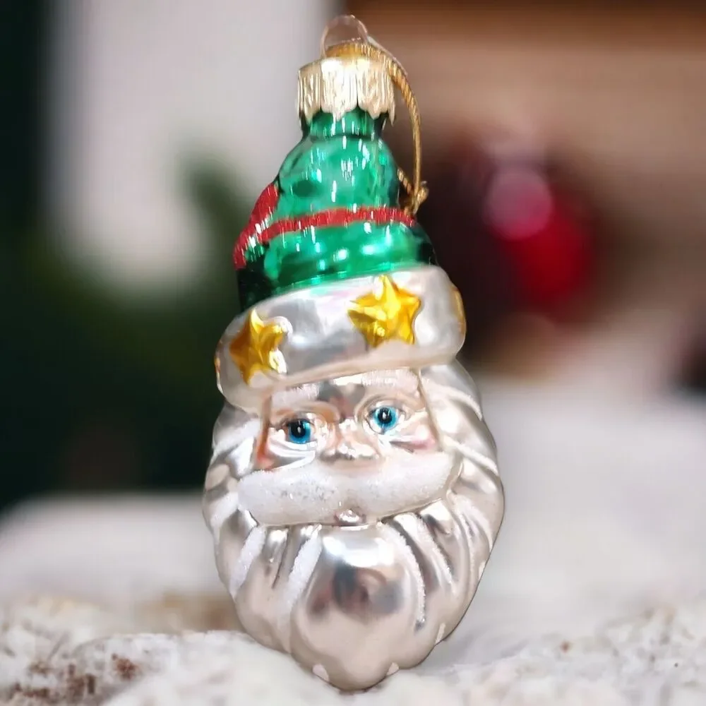 Blue Eyed Green Hat Santa Christmas Ornament Hand Blown Glass Thomas Pacconi 02